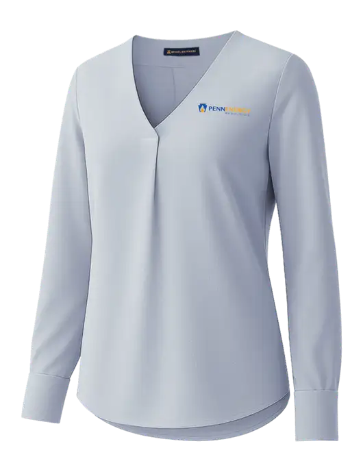 Brooks Brothers Womens Light Slate Blue Open-Neck Satin Blouse  w/PennEnergy Logo